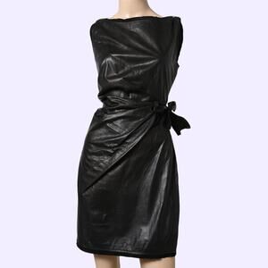 DIANE VON FURSTENBERG Black Leather Mini Sheath Della Dress w/ Side Tie Belt